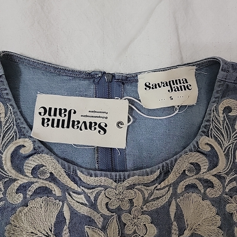 Savanna Jane Denim Blue Sleeveless Embroidered Mini Dress - Picture 4 of 9